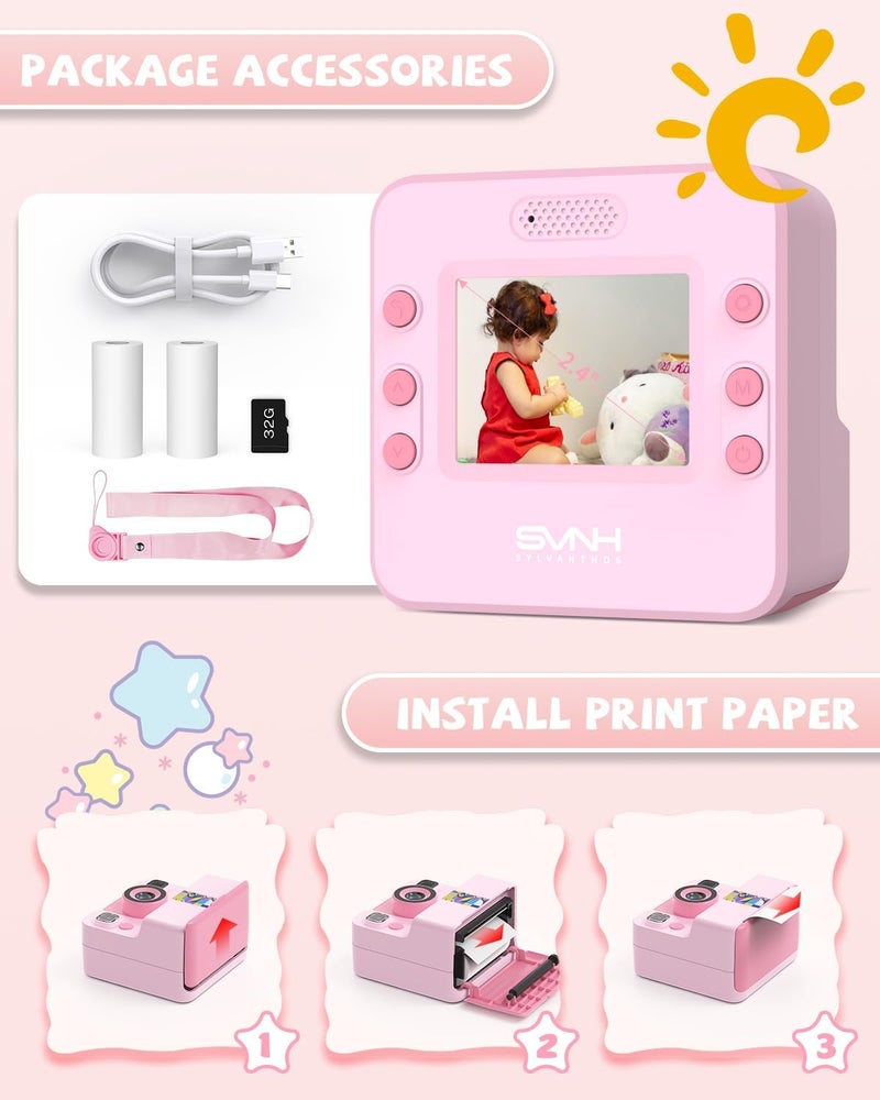 Sylvanthos Kids Camera Instant Print, Digital Camera for Kids, 180° Rotating Selfie Lens with 32GB SD Card & 2 Rolls Printing Paper Kids Toy Birthday Gifts for Boys Girls Ages 3-12, Pink - Image 3